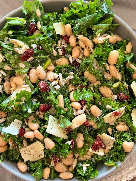 WARM WHITE BEAN & KALE SALAD Butter Bean Kale Salad, Kale White Bean Salad, White Bean Kale Salad, Bean Kale Salad, Walnut Pasta, Butternut Squash Soup Creamy, White Bean Salad Recipes, White Bean Kale, Creamy White Beans