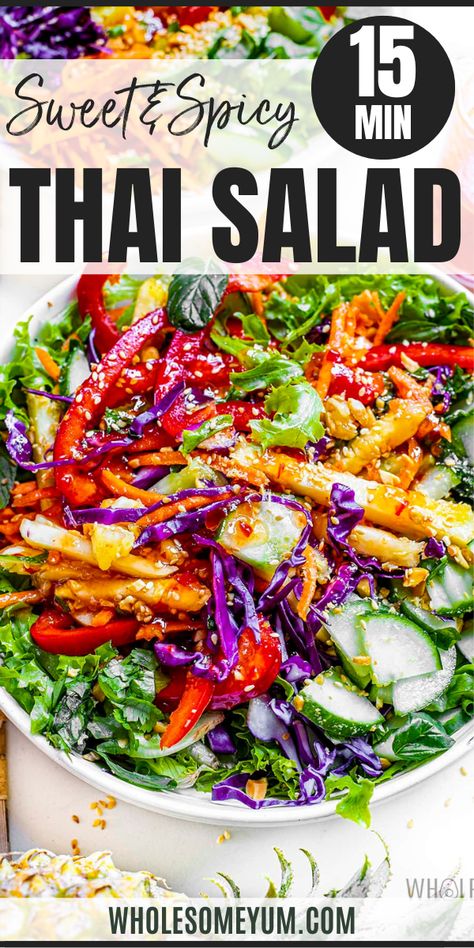 Thai Salad Kale Thai Salad, Island Salad Recipes, Yum Yai Salad, Thai Side Salad, Spicy Thai Salad Dressing, Thai Chicken Salad Recipes, Vegan Thai Salad Recipes, Thai Salad Recipes Dressings, Vegan Thai Salad