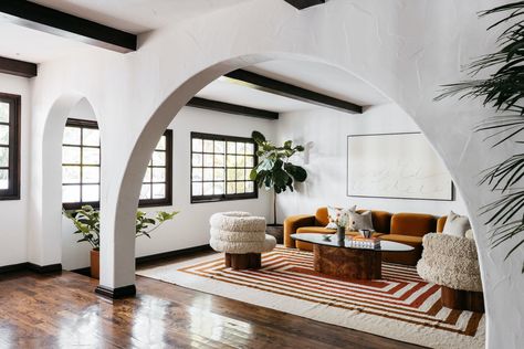 A TV Actor’s Spanish-Style Home With a Serene Courtyard Pool Lists for $3M in L.A. - Dwell Spanish Style Living Room, Spanish Living Room, Spanish Style Home Interior, Spanish Style Tile, Arched Doorways, Sliding French Doors, Courtyard Pool, Wood Beam Ceiling, Spanish Style Home