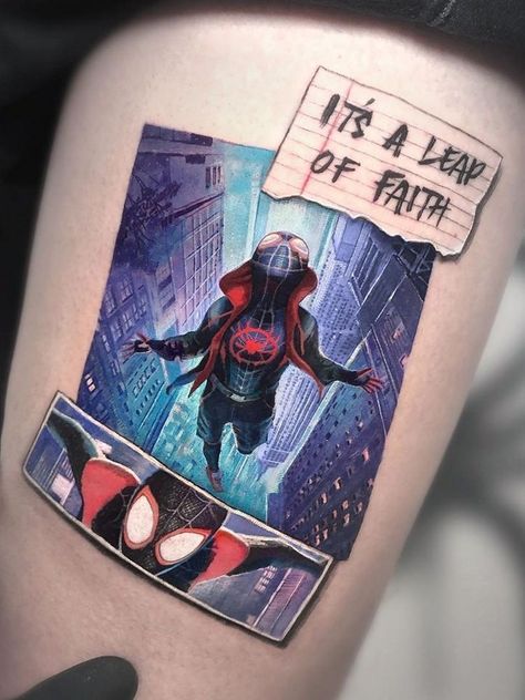 Comic Tattoos For Men, Spider Man Across The Spider Verse Tattoo, Miles Morales Spiderman Tattoo, Spider Gwen Tattoo Ideas, Spider Verse Tattoo Ideas, Into The Spider Verse Tattoo, X Men Tattoo Ideas, Spiderverse Tattoo Ideas, Tattoo Comic Style