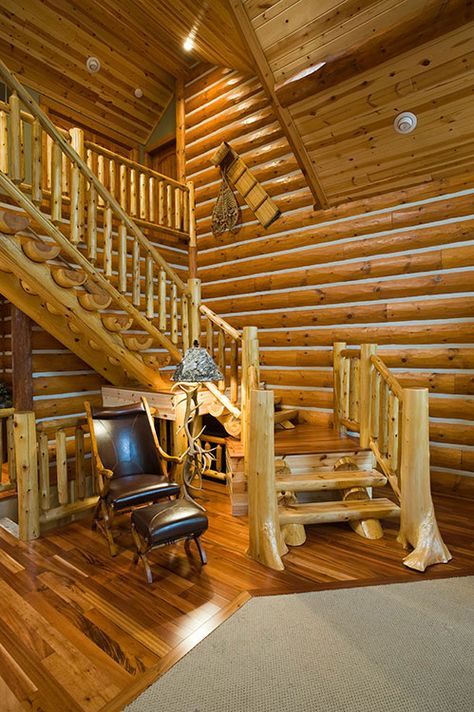 Interior - log stairway with flare butt post and cedar railing. 10-inch half log hewned pine siding with chink spacer and chinking Log Cabin Living, Log Home Living, Log Cabin Interior, Log Houses, Log Cabin Ideas, Log House, Cabin Interiors, Cabin Living, Log Cabin Homes