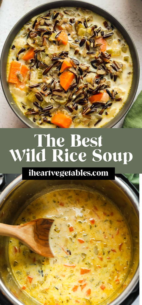 This Minnesota wild rice soup is creamy and delicious with a rich broth and hearty wild rice. This vegetarian recipe is perfect for a chilly winter evening! Mushroom Wild Rice Soup Vegetarian, Gluten Free Vegetarian Soup Crockpot, Wild Rice Porridge, Veggie And Rice Soup, Vegetarian Soups And Stews Crock Pot, Easy Crockpot Recipes Vegetarian, Vegetarian Winter Soups, Winter Soup Vegetarian, Meatless Winter Meals