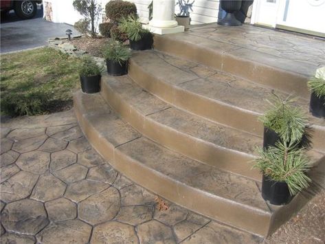 Steps and Stairs Pictures - Gallery - The Concrete Network Concrete Front Steps, Stamped Concrete Patio Designs, Front Porch Stairs, Cement Steps, Sidewalk Landscaping, Concrete Stamp, Seat Wall, Patio Stairs, Front Porch Steps