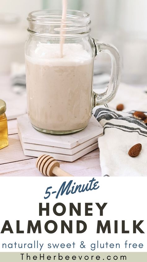 Honey Almond Milk Recipe (Gluten Free, Naturally Sweet, Dairy Free) Vanilla Almond Milk Recipes, Cereal Homemade, Almond Milk Recipes Homemade, Homemade Oat Milk, Almond Milk Recipe, Almond Milk Latte, Make Almond Milk, Almond Milk Recipes, Homemade Almond Milk