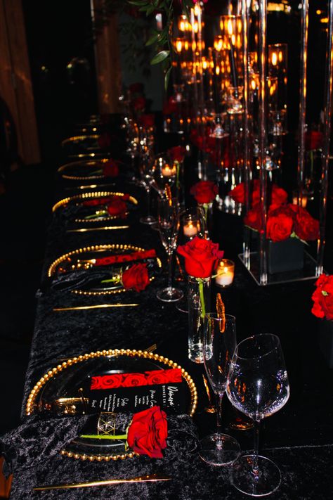 Red Black And Gold Formal Dinner, Red And Black Dinner Party Ideas, Red And Black Tablescapes, Dark Red And Black Theme Party, Red And Black Banquet Decor, All Black Party With Red Roses, Red And Black Formal Party Decorations, Red Black And Gold Dinner Party, Black Sequin Tablecloth Wedding