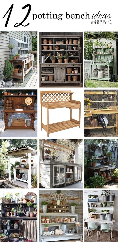 Who's ready for Spring?! Check out these gorgeous rustic garden potting bench ideas for a little bit of inspiration for this coming season. MUST PIN! Rustic Potting Benches, Garden Diy Decoration Ideas, Garden Potting Bench, Potting Bench Ideas, Potting Station, Outdoor Potting Bench, Planter Bench, Potting Benches, Potting Tables