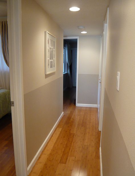 Two-tone hallway. Love this. Olympic paint colors: Gray Beige and Stonington. Grey Hallway Paint, Two Tone Hallway, Hallway Paint Colors, Grey Hallway, Two Tone Walls, Hallway Paint, Hallway Colours, Frames Ideas, Hallway Ideas Colour