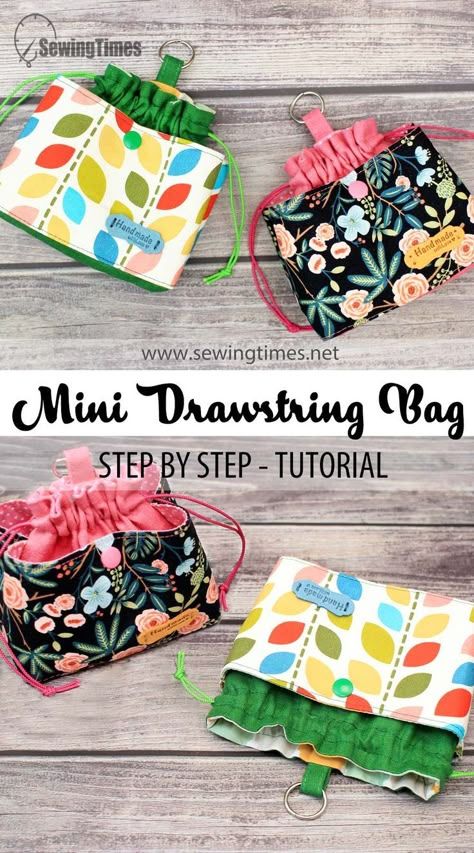 DIY Mini Drawstring Bag | How to make a Cosmetic Pouch [sewingtimes] Travel Pouch Diy, Diy Mini Bag, Sewing Times, Quick Sewing Gifts, Mini Drawstring Bag, Drawstring Bag Diy, Purse Sewing Patterns, Pouch Diy, Making Bags