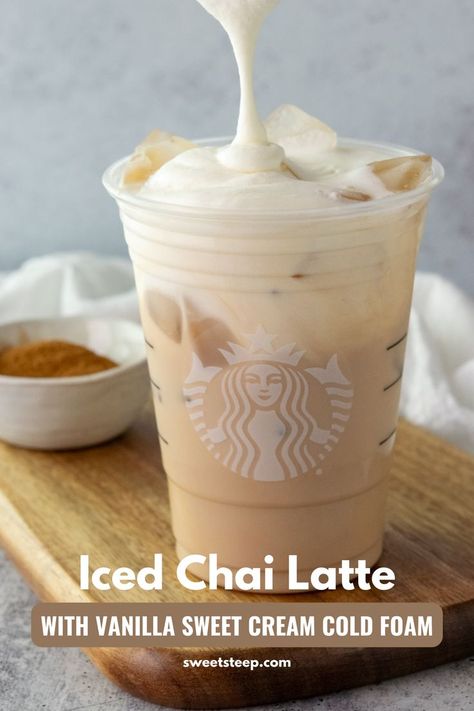 Homemade Starbucks Iced Chai Tea Latte with vanilla sweet cream cold foam being poured on top. Cold Brew Chai Tea, Starbucks Drinks With Sweet Cream, Chai From Starbucks, How To Make Starbucks Vanilla Sweet Cream Cold Foam, Chi Tea Latte Iced Starbucks, Starbucks Vanilla Cold Foam Recipe, Iced Chai With Cold Foam, Iced Chia Recipe, Vanilla Cold Foam Starbucks