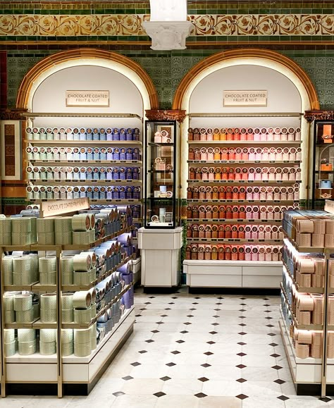 Trademarked Treats | Articles | LogoLounge Gourmet Shop Design, Luxury Shop Design Interiors, Chocolate Display Ideas Retail, Harrods Department Store, Harrods Food Hall, Chocolate Display Ideas, Harrods Interior, Harrods Chocolate, Chocolate Store Design