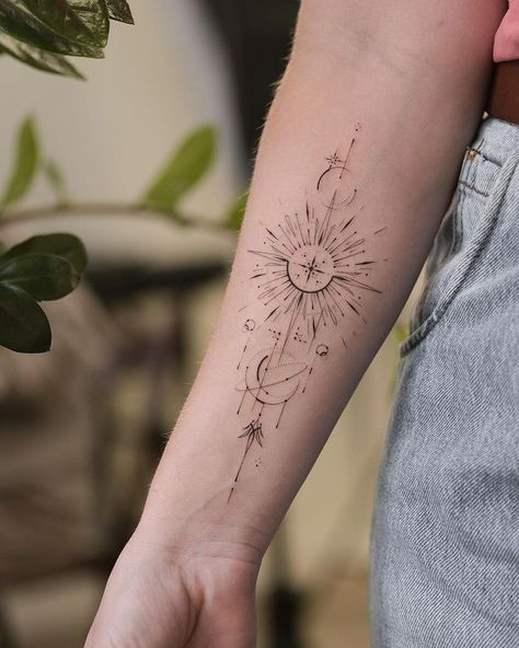 All Posts • Instagram Astrology Forearm Tattoo, Celestial Tattoo Forearm, Graphic Tattoos, Tattoo Sun, Mama Tattoo, Around Arm Tattoo, Celestial Tattoo, Bestie Tattoo, Universe Tattoo