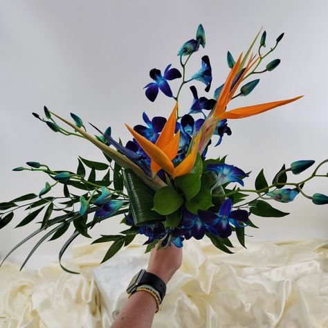 Bird of paradise, orchid, and greenery Bird Of Paradise Bouquet, Bird Of Paradise Wedding, Tropical Bridal Bouquet, Wedding Birds, Sarah Drew, Paradise Wedding, Orchid Bouquet, Tropical Bridal, Blue Themed Wedding