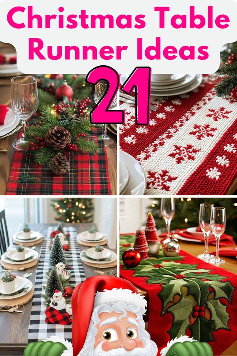 Looking for creative ways to style your holiday table? These 21 Christmas Table Runner Ideas include everything from classic plaid to elegant velvet designs, perfect for adding festive charm to your Christmas gatherings! #ChristmasTableDecor #TableRunnerIdeas #HolidayDecorInspiration #FestiveTableSettings #ChristmasDecorIdeas Christmas Runners Table Ideas, Christmas Table Runner Decoration Ideas, Christmas Table Runners Diy, Christmas Table Cloth Ideas, Dining Table Christmas Decor Centerpiece, Christmas Table Runner Ideas, Holiday Table Runner Christmas, Table Runner Ideas, Christmas Table Runners