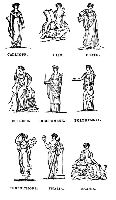 Greek Mythology Tattoos Muses, Muses Tattoo Greek, Nine Muses Tattoo, Greek Muses Illustration, Calliope Greek Mythology, Nine Muses Mythology, The Nine Muses Greek Mythology, Greek Muses Art, Three Muses Tattoo