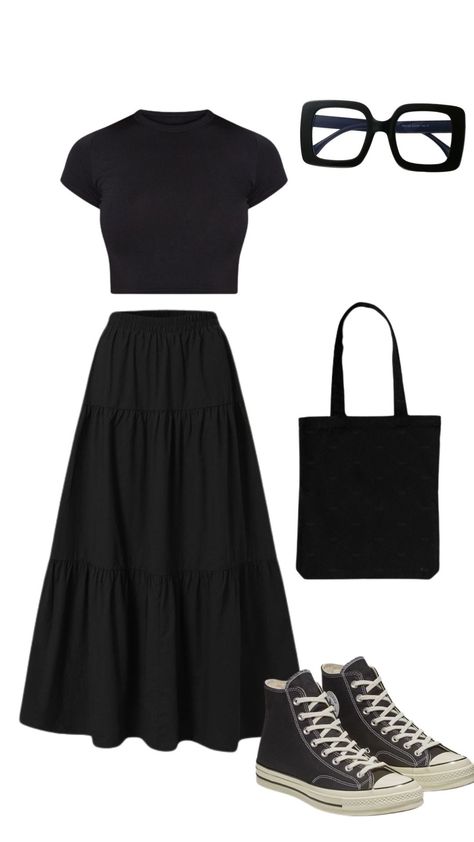 Summer Outfit With Converse, Black Skirt Maxi Outfit, Styling Basic Tees Outfit, Styling Black Maxi Skirt, Outfits With Black Maxi Skirt, How To Style A Black Maxi Skirt, Maxi Skirt Black Outfit, Black Maxi Skirt Outfit Ideas Summer, Fitted Maxi Skirt Outfit