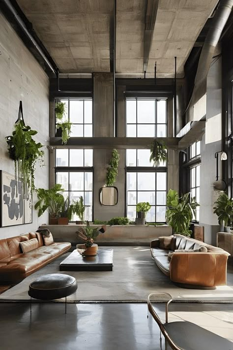 Brutalism In Interior Design: Raw, Bold & Unconventional Modern Loft House Design, Industrial Loft Living Room, Industrial Living Room Ideas, Modern Loft House, Vintage Apartment Decor, Industrial Living Room Design, Urban Living Room, Loft House Design, Industrial Living Room