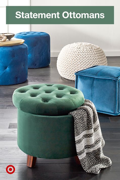 Modern, farmhouse or contemporary ottomans add additional seating to living room decor. Stools For Living Room, Living Room Hutch, Pouf Seating, Interior Design Living Room Modern, College Bedroom, Statement Furniture, Modern Ottoman, Room Seating, Livingroom Layout