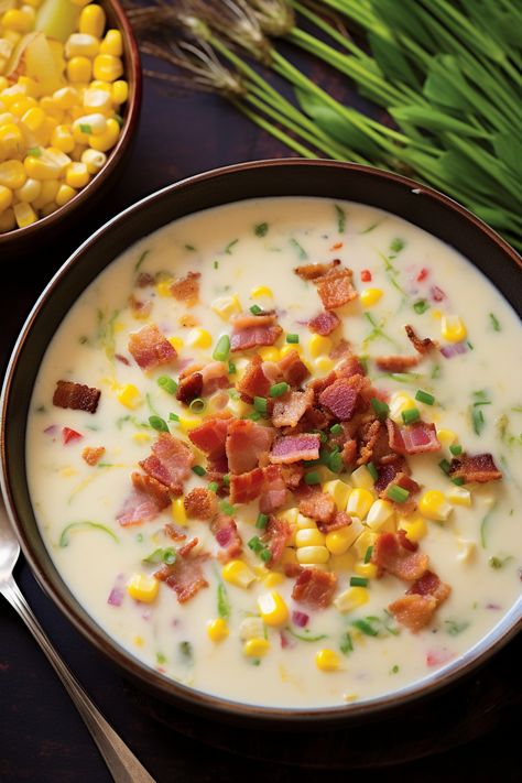 Dive into the comforting embrace of this Creamy Ham Potato and Corn Chowder. Every spoonful promises the savory goodness of ham, the wholesome taste of fresh vegetables, and a luxurious creamy texture. Whether it's a chilly winter evening or a simple family dinner, this chowder is sure to be a hit. Craving a bowl? Check out the full recipe and treat your taste buds to this delightful dish! Corn Chowder With Ham, Amish Onion Fritters, Cool Whip Candy, Potato And Corn Chowder, Homemade Cool Whip, Ham Chowder, Onion Fritters, Corn Chowder Soup, Savory Ham