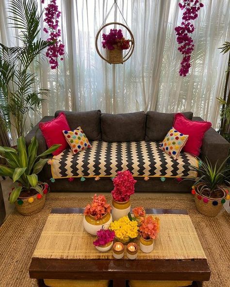 Diwali Living Room Decor, Ground Furniture, Corner Styling, Beauty Loft, Floor Seating Living Room, Living Room Indian, Hanging Flower Basket, Zig Zag Rug, Kids Room Curtains