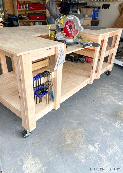 DIY Mobile Workbench with Table Saw & Miter Saw - Bitterroot DIY How To Build Work Bench, Workbench With Table Saw And Miter Saw, Diy Workbench With Table Saw, Diy Shop Work Bench, Ultimate Workbench Plans, Diy Workbench With Miter And Table Saw, Diy Mobile Workbench Plans, Woodworking Table Workbenches, Table Saw And Miter Saw Workbench