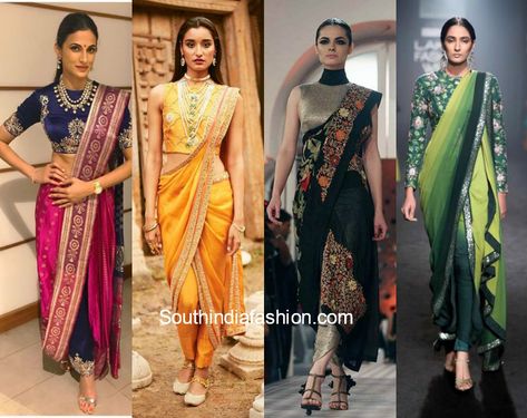 5 Reasons Why You Should Flaunt The Saree Pants This Season Pant With Saree Style, Modern Nauvari Look, Dhoti Saree Style Indian Weddings, Saree Pants Style, Pant Saree Style Indian Fashion, Dhoti Saree Look, Pant Saree Style, Saree With Jeans, Saree Pants