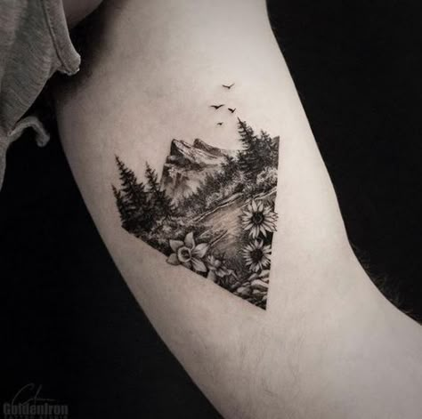 Mountains Lake Tattoo, Wrist Tattoos Mountain, Arm Tattoos For Women Mountains, Nature Tattoos Cover Up, Unique Mountain Tattoos For Women, Wrist Mountain Tattoos For Women, Landscape Tattoos For Women, Mountains Cover Up Tattoo, Scenic Mountain Tattoo