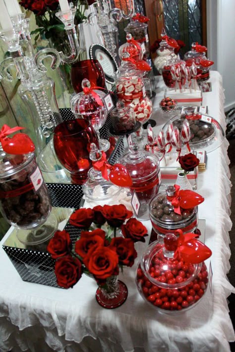 Red Candy Bar Ideas, Red Sweet 16 Decorations Candy Table, Black And Red Candy Table, Red And Black Treat Table Ideas, Red And White Dessert Table, 50 Shades Of Red Party Ideas, Red White And Black Party Decorations, Red And White Sweet 16, Red Black And White Birthday Party Ideas