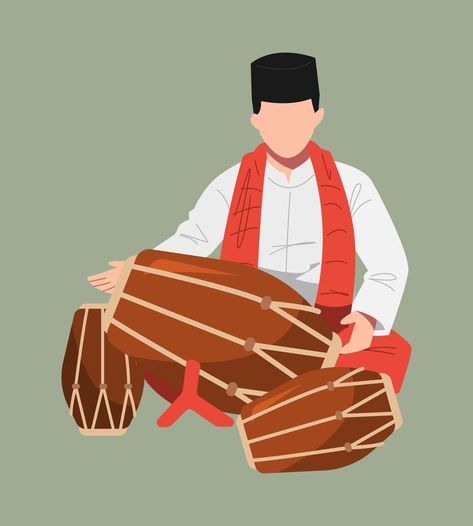 Drum player, traditional clothing of Betawi Indonesia. traditional musical instruments. Suitable for music events, celebrations, Ramadan, etc. flat vector. Sketched People, Pillar Decor, Indonesia Traditional, Wedding Background Images, Indian Illustration, Music Cartoon, School Murals, Music Illustration, Motif Batik