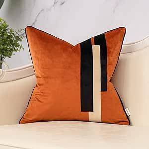 Yangest Burnt Orange Decorative Velvet Throw Pillow Cover Striped Patchwork Cushion Case Modern 18x18 Inch Pillowcase for Sofa Couch Bedroom Living Room Home Decor Oblong Throw Pillow, Cloth Texture, Couch Bedroom, Orange Throw Pillows, Living Room Orange, Geometric Cushions, Velvet Throw Pillow, Patchwork Cushion, Rectangular Pillow Cover