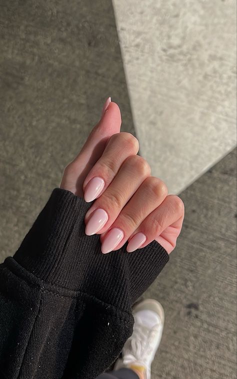 Peachy Pink Almond Nails, Solid Colour Nails Almond, Shellac Nails Almond Shape, Nails For Blush Pink Dress, Engagement Nails Almond Shape, Milky Pink Almond Nails Short, Baby Pink Oval Nails, Pinky Nude Nails Almond, Light Pink Almond Nails Design