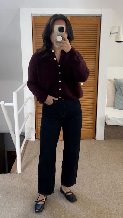 Cable Knit Sweater Outfit Work, Tall Boot Work Outfit, Burgundy Cardigan Outfit Work, Warm Professional Outfit, Business Casual Cold Weather Outfits, Montreal Aesthetic Outfits, Dark Jeans Outfit Fall, Turtleneck Casual Outfit, Button Sweater Outfit