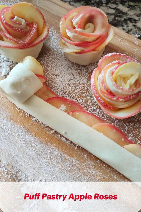 Beautiful apple roses made with puff pastry Spring Birthday Theme, Quince Desserts, Rose Shaped Food, Bachelorette Watch Party, Flower Charcuterie, Flower Party Ideas, Baked Apple Roses, Flower Shaped Food, Flower Theme Party