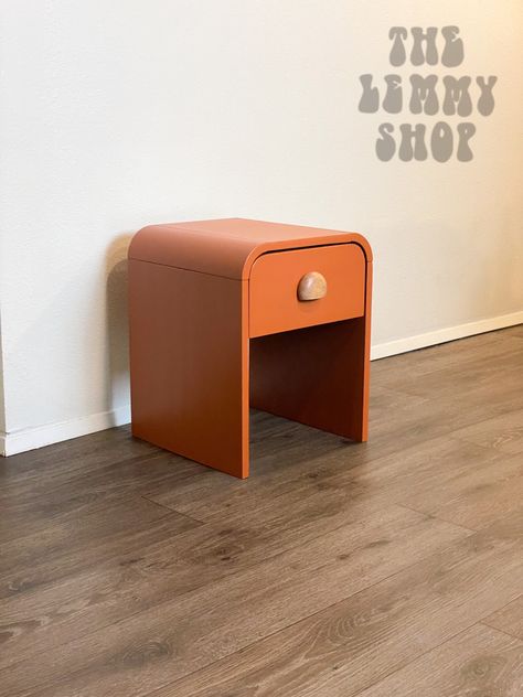 Eclectic Bedroom Nightstands, Quirky Nightstand, Funky Bedside Tables, Nightstand Orange, Orange Nightstand, Nightstand Retro, Colored Nightstand, Cool Nightstand, Funky Nightstand