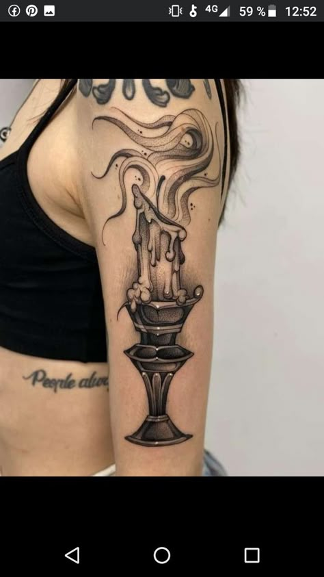 Candlestick Tattoo, Candle Tattoo Design, Tattoos Doodles, Coverup Ideas, Hair Piercing, Black And Gray Tattoos, Castle Tattoo, Candle Tattoo, Landscape Tattoo