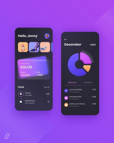 PURRWEB MVP & UI/UX on Instagram: “Hi, everyone! This is our recent attempt to design a Finance app — an app for budget management, analysis of income and expenses. 💵 There…” Finance App Design, Finance App Ui Design, App Screenshot Design, Dark Apps, App For Business, Personal Finance App, Budget Management, Saving App, Android Development