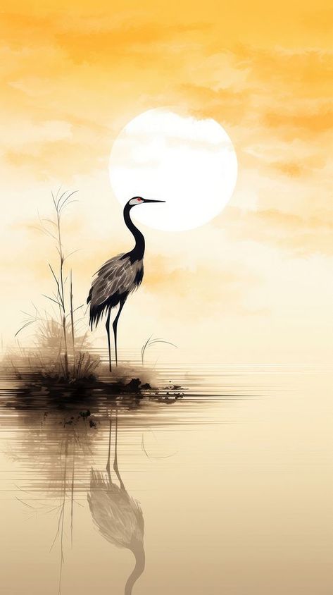 Crane Art Paintings, Asian Watercolor Paintings, Watercolour Heron, Crane Bird Drawing, Watercolor Animals Simple, Silhouette Art Ideas, Silhouette Images Free, Crane Aesthetic, Crane Silhouette