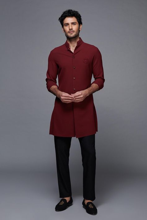 Buy S&N by Shantanu and Nikhil - Men Red Terylene Shirt Kurta Online | Aza Fashions Red Kurta Men, Red Kurta For Men, Indowestern Men, Traditional Kurta For Men, Kurta Ideas, Trousers Outfit Men, Man Dress Design, Shantanu And Nikhil, Gents Kurta Design