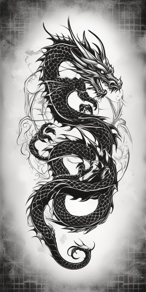 A stencil-style dragon tattoo design, starkly presented in monochrome black and white, positioned dominantly over a blank canvas. The intricate details and curves of the mythical beast are expertly captured. Polynesian Dragon Tattoo, Ichibay Tattoo, Scale Tattoo Design, Mythical Dragon Art, Thigh Piece Tattoos, Dragon Tattoo Back, Samurai Tattoo Sleeve, Black Dragon Tattoo, Dragon Head Tattoo