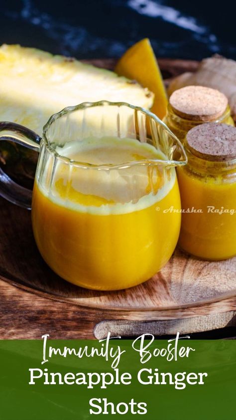 Easy pineapple ginger energy shots for boosting immunity and improving digestion. Has anti-inflammatory properties. Pineapple Ginger Juice, Ginger Drink Recipe, Drink Label Design, Juice In A Blender, Ginger Drinks, Healthy Shots, Turmeric Smoothie Recipes, Health Shots, Homemade Electrolyte Drink