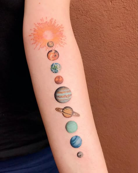 Astrology Tattoo Ideas, Pixie Tattoo, Cosmos Tattoo, Astronomy Tattoo, Planet Tattoo, Cosmic Tattoo, Solar System Tattoo, Tato Minimal, Astrology Tattoo