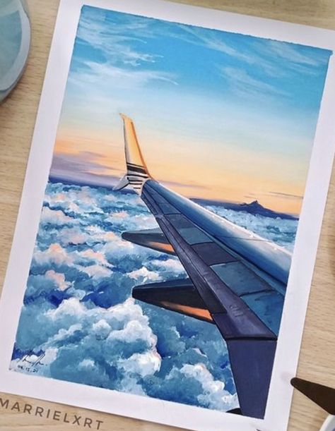 Travel Aesthetic Painting Ideas, Aesthetic Gouache Art Easy, Plane Painting Easy, Airplane Window Painting, Flight Paintings, Meaningful Paintings Ideas, Travel Painting Ideas, Travelling Painting, Vision Board Painting