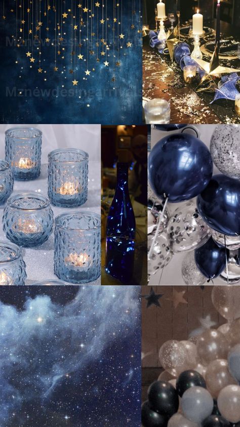 date party Starry Night Birthday Party Theme, Starry Night Prom Table Decor, Midnight Blue Theme Party, Midnight Birthday Party Theme, 30th Birthday Blue Theme, Lalaland Theme Party, Starry Birthday Party, Night Court Birthday Party, Night Court Party Acotar