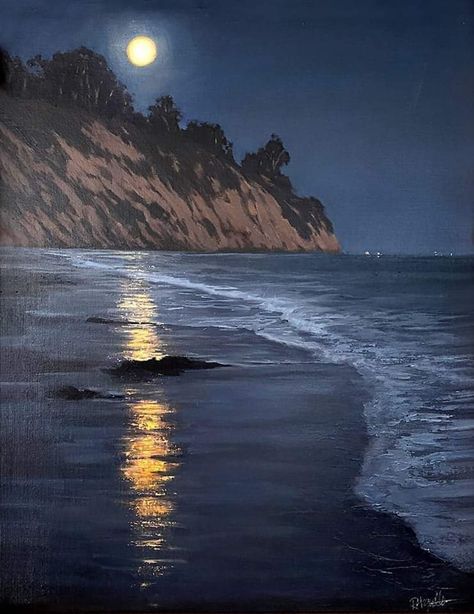 Nature Paintings Acrylic, Ocean Landscape Painting, Night Sky Painting, Moonlight Painting, Digital Gallery, Scenery Paintings, Landscape Paintings Acrylic, Canvas Painting Landscape, Night Landscape