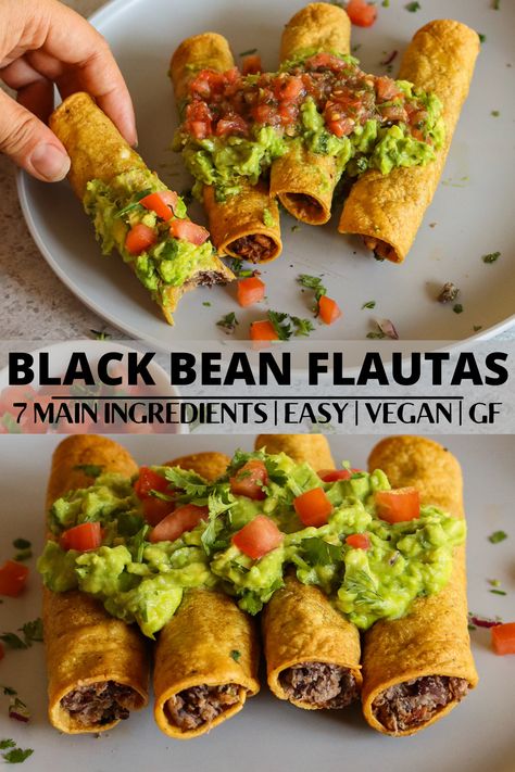 Black Bean Flautas, Taquitos Vegan, Bean Flautas, Black Bean Taquitos, Bean Taquitos, Tasty Vegetarian Recipes, Vegetarian Recipes Healthy, Vegetarian Meals, Vegan Foods