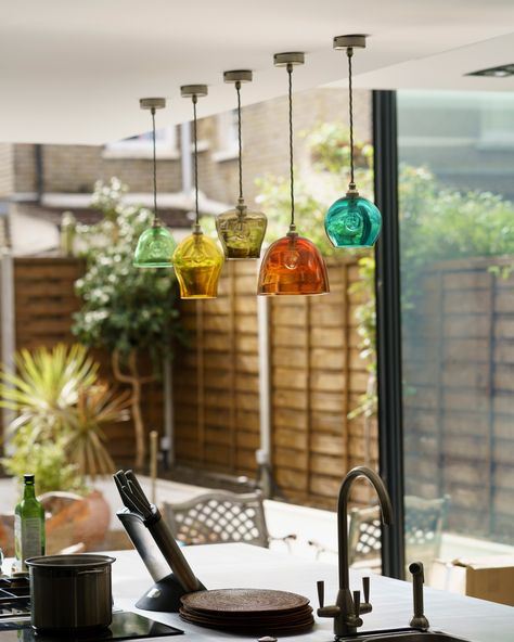 Colored Glass Pendant Lights Over Kitchen Island, House With Sea View, Dining Lights, Handblown Glass Pendant, Lights Over Kitchen Island, Kitchen Pendant Lights, Galley Kitchen Design, Blown Glass Pendant Light, Glass Pendant Lights