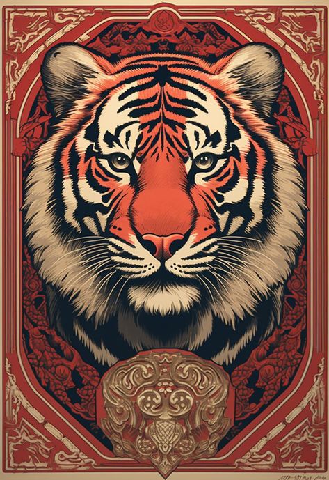 A trading card-inspired poster featuring an Asian style tiger depicted with celestial energy and modern design elements, symbolizing reverence and power in Asian culture, a collectible piece blending tradition and modernity. Tiger Poster, Artistic Elements, Asian Culture, The Heavens, The Tiger, Spirit Animal, Asian Art, Art Classes, Modern Design