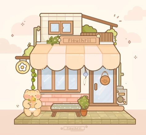 Cute Store Drawing, Cute House Drawing Aesthetic, Cute Korean Drawings Aesthetic, House Aesthetic Drawing, Cafe Cute Drawing, Cute Shop Illustration, House Cute Drawing, Cute Bakery Drawing, Cute Buildings Drawing