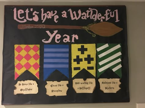 Harry Potter School Bulletin Boards, Hogwarts Bulletin Board, Harry Potter Ra Bulletin Boards, Testing Bulletin Boards, Harry Potter Bulletin Board, Residence Life Bulletin Boards, School Theme Ideas, Harry Potter Classroom Theme, Resident Assistant Door Decs