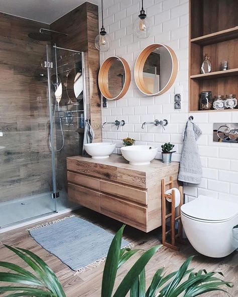 stained wood vanity // beachy boho bathroom // white tile // industrial pendant lights Wooden Vanity Unit, Design Interior Baie, Interior Boho, Bright Bathroom, Bilik Air, Wooden Vanity, Bad Inspiration, Wooden Bathroom, Large Shower