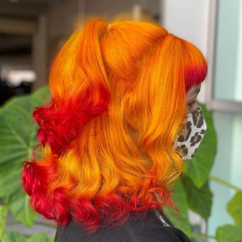 Anime Hair Hollywood on Instagram: "Set your heart ablaze!!! ❤️‍🔥 Had the absolute pleasure of doing this Rengoku inspired hair for @devinedevotchka ! My absolute fav anime character 🥺 🔥🔥🔥" Red And Yellow Hair Color, Flame Hair Dye, Fire Inspired Hair Color, Orange Hair With Red Tips, Rengoku Inspired Hair, Orange To Red Hair, Rengoku Hairstyle, Rengoku Hair Dye, Orange Hair Dye Ideas